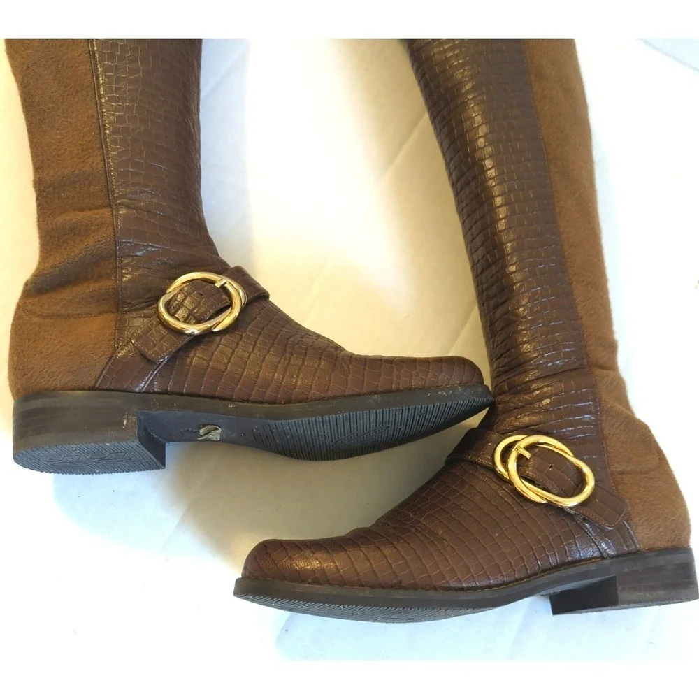 Stuart Weitzman Women SIELLA Croc Embossed Leather Over Knee Boots Coffee 6 M